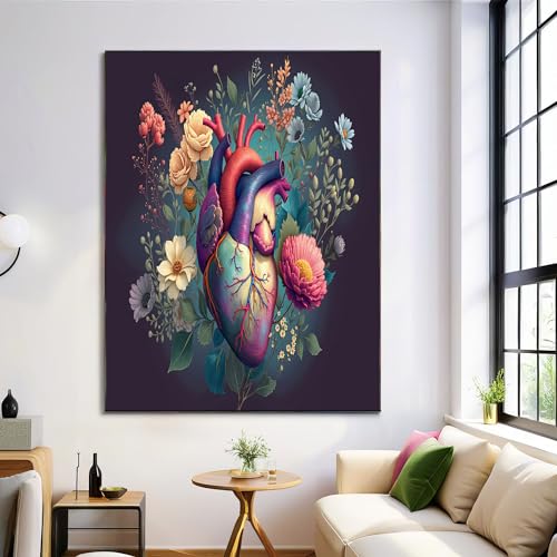 DLERFLOVR Leinwandbild Das Herz Sezieren, Kunstdruck Wandbilder Üppige Blumen Und Pflanzen Wand Deko Lila Bild auf Leinwand für Wohnzimmer Schlafzimmer Küche Esszimmer, 40L x 60B cm von DLERFLOVR
