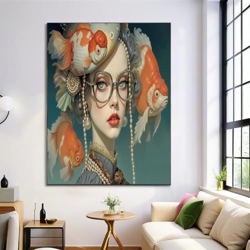 DLERFLOVR Leinwandbild Porträt Einer Frau Mit Einem Fischhut, Kunstdruck Wandbilder Surrealismus Wand Deko Blaugrün Bild auf Leinwand für Wohnzimmer Schlafzimmer Küche Esszimmer, 20L x 30B cm DLERFLOVR Leinwandbild Porträt Einer Frau Mit Einem Fischhut, Kunstdruck Wandbilder Surrealismus Wand Deko Blaugrün Bild auf Leinwand für Wohnzimmer Schlafzimmer Küche Esszimmer, 20L x 30B cm von DLERFLOVR