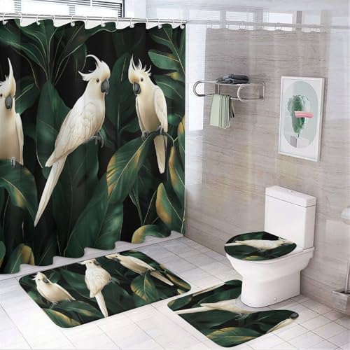 DLERFLOVR Vierteiliges Badezimmer-Set Mit Grüner Dschungel - Kakadu Mit Duschvorhang Und Teppichen Toilettensitz, Dekor Für Dusche Und Badezimmer Mit 12 Haken von DLERFLOVR