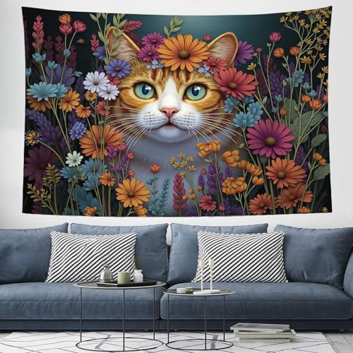 DLERFLOVR Wandteppich 130x150 cm Getigerte Katze Tapisserie Blühende Wildblumen Wandbehang Rechteckig Art Decor für Schlafzimmer Ästhetik Zuhause Wohnzimmer Wohnheim Dekor - Mehrfarbig DLERFLOVR Wandteppich 130x150 cm Getigerte Katze Tapisserie Blühende Wildblumen Wandbehang Rechteckig Art Decor für Schlafzimmer Ästhetik Zuhause Wohnzimmer Wohnheim Dekor - Mehrfarbig von DLERFLOVR
