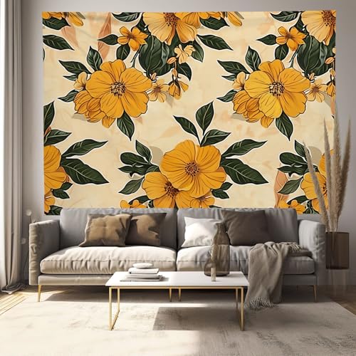 DLERFLOVR Wandteppich 75x100 cm Wandbehang Retro-Futuristischer Stil Wandtücher Gelbe Blumen Wandkunst Tapisserie Rechteckig Art Decor für Zimmer Wohnheim Schlafazimmer - Gelb von DLERFLOVR