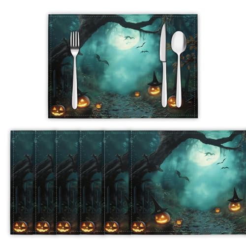 Düsterer Wald Tischsets 2er Set, 45x30 cm Abwaschbare Leinen Platzsets Leuchtender Kürbispfad Tischsets Tischdekoration für Zuhause Restaurant Küche, Blaugrün von DLERFLOVR