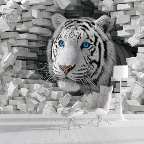 Fototapete 150x105cm Seide Tapeten XXL Höhlenweißer Tiger Wandtapete Tierwelt 3D Effekt Wand Dekoration für Wohnzimmer Schlafzimmer Korridor - Hellgrau von DLERFLOVR