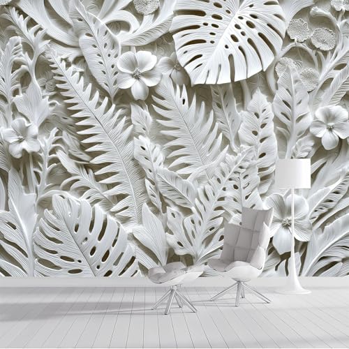 Fototapete 350x250cm Seide Tapeten XXL 3D Monstera Hibiskusblüte Wandtapete Gipsrelief 3D Effekt Wand Dekoration für Wohnzimmer Schlafzimmer Korridor - Weiß von DLERFLOVR