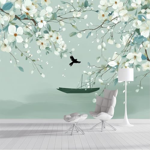 Fototapete 350x250cm Seide Tapeten XXL Blume Zweige Altes Boot Wandtapete Chinesische Ästhetik 3D Effekt Wand Dekoration für Wohnzimmer Schlafzimmer Korridor - Hellgrün von DLERFLOVR