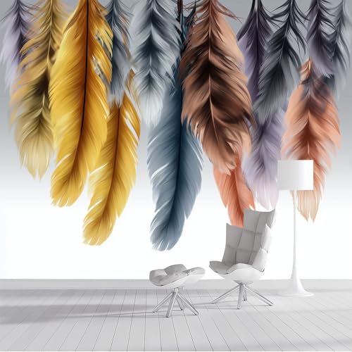 Fototapete 3d Effekt Panorama-Tapete 450x315cm Mehrfarbige Federn Seidenmaterial Wandbilder Tierfedern geeignet für die Wanddekoration von Wohnzimmer und Schlafzimmer Grau-Blau von DLERFLOVR