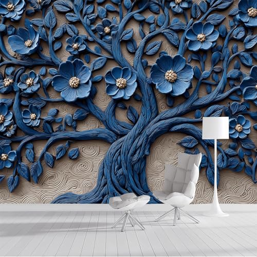Fototapete Baum des Lebens 450x315cm XXL Tapete Seidentapeten Holzrelief Wandtapete Marineblau 3D Effekt Wand Dekoration für Schlafzimmer Wohnzimmer von DLERFLOVR