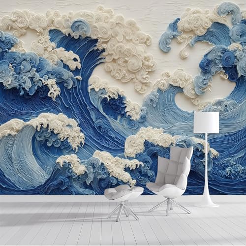 Fototapete Blaue und weiße Porzellanwellen 450x315cm Schlafzimmer Wohnzimmer Seide XXL Wandtapete 3D Reliefmalerei Fototapeten Bildtapete 3d Effekt Wand Dekoration, Blau von DLERFLOVR