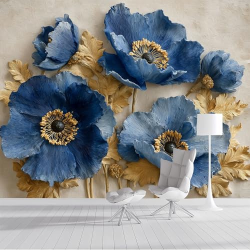Fototapete Goldblatt-Anemone 350x250cm - Seide Tapeten XXL Wandtapete 3D Blumen Wanddeko 3d Effekt Wand Dekoration für Wohnzimmer Schlafzimmer Büro Flur, Dunkelblau von DLERFLOVR