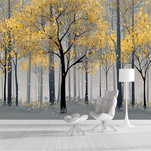 Fototapete Goldene Bäume 300x210cm Schlafzimmer Wohnzimmer Seide XXL Wandtapete Eleganter Wald Fototapeten Bildtapete 3d Effekt Wand Dekoration, Gelb von DLERFLOVR