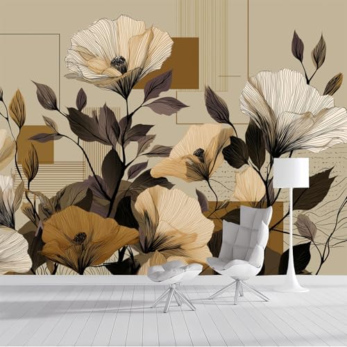 Fototapete Linie Blumen 300x210cm - Seide Tapeten XXL Wandtapete Abstrakte geometrische Blumen Wanddeko 3d Effekt Wand Dekoration für Wohnzimmer Schlafzimmer Büro Flur, Hellbraun von DLERFLOVR