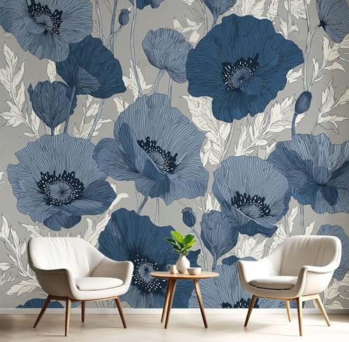 Fototapete Mohn 450x315cm Seide Tapeten XXL Handgezeichnete Linie Blumen Wandtapete 3D Effekt Dekoration Wandbild für Wohnzimmer Schlafzimmer Kinderzimmer, Blau Fototapete Mohn 450x315cm Seide Tapeten XXL Handgezeichnete Linie Blumen Wandtapete 3D Effekt Dekoration Wandbild für Wohnzimmer Schlafzimmer Kinderzimmer, Blau von DLERFLOVR