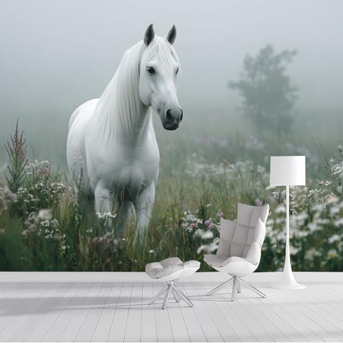 Fototapete Weißes Pferd und Wildblumen 400x280cm Seide Foto Tapete Neblige Felder XXL Wandtapete für Wohnzimmer Schlafzimmer Esszimmer Wanddekoration, Grün Fototapete Weißes Pferd und Wildblumen 400x280cm Seide Foto Tapete Neblige Felder XXL Wandtapete für Wohnzimmer Schlafzimmer Esszimmer Wanddekoration, Grün von DLERFLOVR