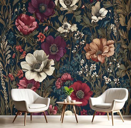 Fototapete Wildblumen und Anemonen 400x280cm Seide Foto Tapete Viktorianische Ära XXL Wandtapete für Wohnzimmer Schlafzimmer Esszimmer Wanddekoration, Dunkelblau Fototapete Wildblumen und Anemonen 400x280cm Seide Foto Tapete Viktorianische Ära XXL Wandtapete für Wohnzimmer Schlafzimmer Esszimmer Wanddekoration, Dunkelblau von DLERFLOVR