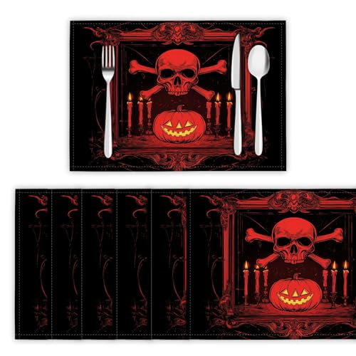 Gothic-Horror-Elemente Tischsets 8er Set, 45x30 cm Abwaschbare Leinen Platzsets Skeleton Tischsets Tischdekoration für Zuhause Restaurant Küche, Rot von DLERFLOVR