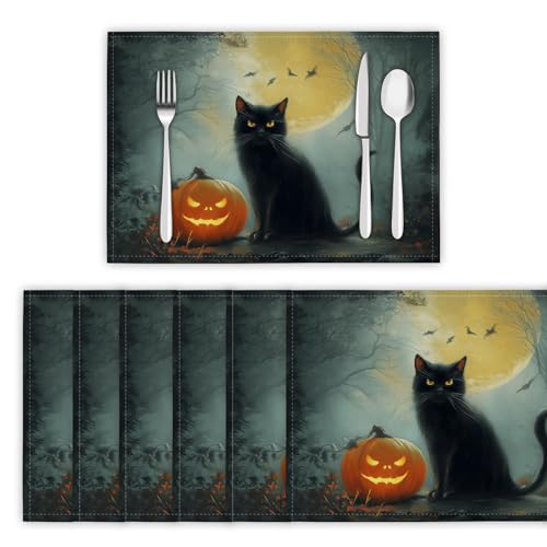 Halloween-Ölgemälde Tischsets Abwaschbar 2er Set, Platzdeckchen rutschfest Hitzebeständig Schwarze Waldkatze Platzsets für küche Speisetisch Hotel, Platz-Matten 30 x 45cm, Dunkelgrau Halloween-Ölgemälde Tischsets Abwaschbar 2er Set, Platzdeckchen rutschfest Hitzebeständig Schwarze Waldkatze Platzsets für küche Speisetisch Hotel, Platz-Matten 30 x 45cm, Dunkelgrau von DLERFLOVR