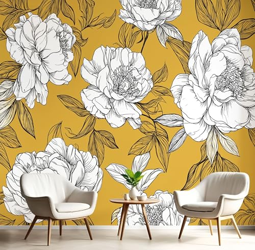 Handgezeichnete Pfingstrose Seide Foto Tapete Illustrationsstil Fototapete Panorama XXL Wandtapete 3d Effekt Wand Dekoration für Wohnzimmer Schlafzimmer Küchen, Senfgelb Handgezeichnete Pfingstrose Seide Foto Tapete Illustrationsstil Fototapete Panorama XXL Wandtapete 3d Effekt Wand Dekoration für Wohnzimmer Schlafzimmer Küchen, Senfgelb von DLERFLOVR