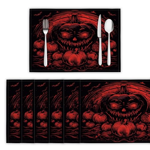 Horror-Halloween Tischsets 4er Set, 45x30 cm Abwaschbare Leinen Platzsets Böse Kürbislaterne Tischsets Tischdekoration für Zuhause Restaurant Küche, Dunkelrot von DLERFLOVR