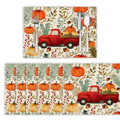Kürbisse Und Eicheln Tischsets 2er Set, 45x30 cm Abwaschbare Leinen Platzsets Roter LKW Tischsets Tischdekoration für Zuhause Restaurant Küche, Salbeigrün von DLERFLOVR