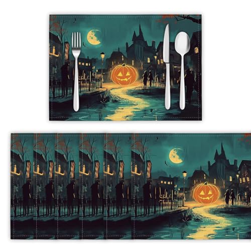 Platzsets Abwaschbar 2er Set Tischsets für Esstisch Altes Dorf Küchen Platzset Halloween-Straße Dauerhaft PlatzdeckenTischzubehör - 30 x 45cm, Blaugrün von DLERFLOVR