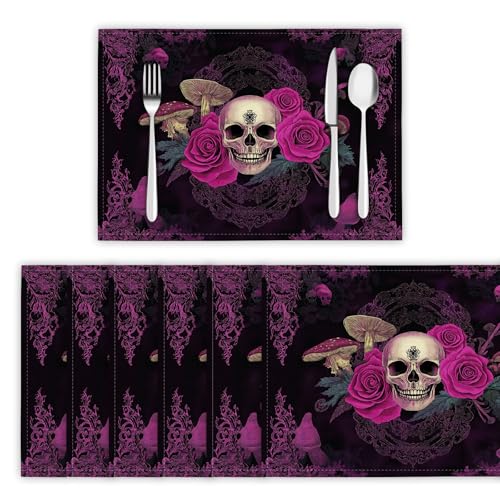 Platzsets Abwischbar Gotische Spitze Tischsets Platzset Hitzebeständig Platzdeckchen Rosenschädel Tischmatten Schmutzabweisend Platzmatten für Zuhause Restaurant Küche Speisetisch, Lila Platzsets Abwischbar Gotische Spitze Tischsets Platzset Hitzebeständig Platzdeckchen Rosenschädel Tischmatten Schmutzabweisend Platzmatten für Zuhause Restaurant Küche Speisetisch, Lila von DLERFLOVR