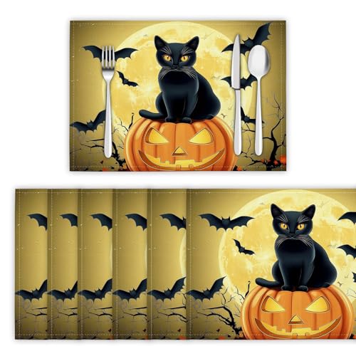Platzsets Abwaschbar 2er Set Tischsets für Esstisch Kürbis Schwarze Katze Küchen Platzset Cartoon-Stil Dauerhaft PlatzdeckenTischzubehör - 30 x 45cm, Kurkuma Platzsets Abwaschbar 2er Set Tischsets für Esstisch Kürbis Schwarze Katze Küchen Platzset Cartoon-Stil Dauerhaft PlatzdeckenTischzubehör - 30 x 45cm, Kurkuma von DLERFLOVR
