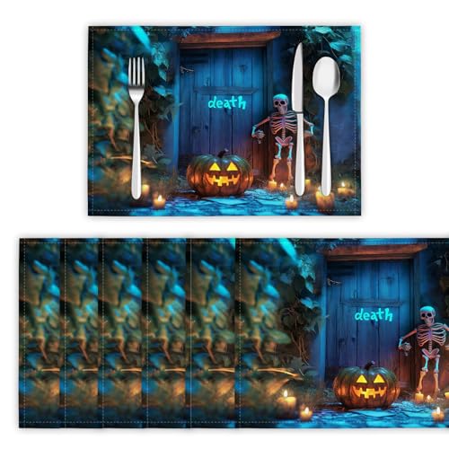 Platzsets Abwaschbar 2er Set Tischsets für Esstisch Skelettkürbis Küchen Platzset Halloween-Hütte Dauerhaft PlatzdeckenTischzubehör - 30 x 45cm, Blau von DLERFLOVR