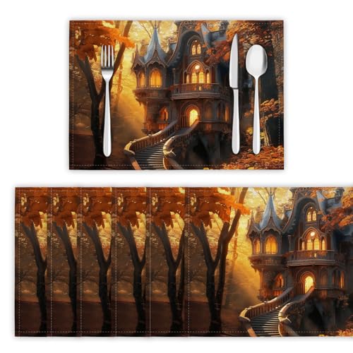 Platzsets Abwaschbar 4er Set Tischsets für Esstisch Fantasie-Waldhaus Küchen Platzset Gotische Architektur Dauerhaft PlatzdeckenTischzubehör - 30 x 45cm, Gelb von DLERFLOVR
