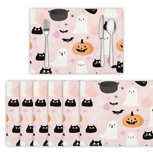 Platzsets Abwaschbar 4er Set Tischsets für Esstisch Lächelnder Geist Küchen Platzset Kürbis Und Schwarze Katze Dauerhaft PlatzdeckenTischzubehör - 30 x 45cm, Rosa von DLERFLOVR
