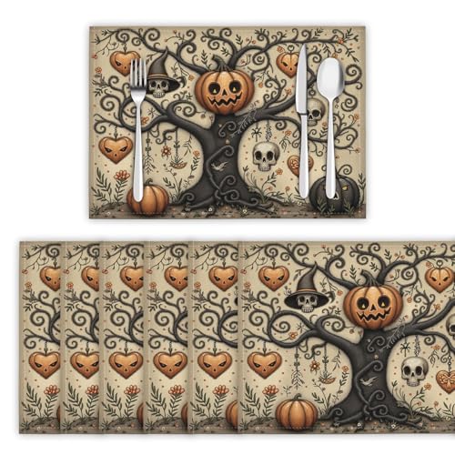 Platzsets Abwaschbar 6er Set Tischsets für Esstisch Kürbisskelett Küchen Platzset Seltsame Bäume Dauerhaft PlatzdeckenTischzubehör - 30 x 45cm, Hellbraun von DLERFLOVR