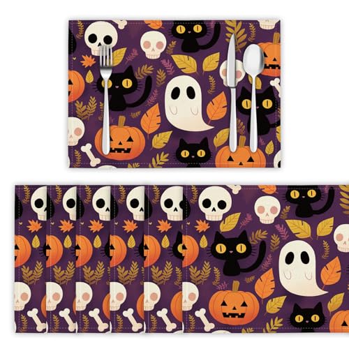 Platzsets Abwaschbar 6er Set Tischsets für Esstisch Schwarzer Katzengeist Küchen Platzset Cartoon-Stil Dauerhaft PlatzdeckenTischzubehör - 30 x 45cm, Lila von DLERFLOVR