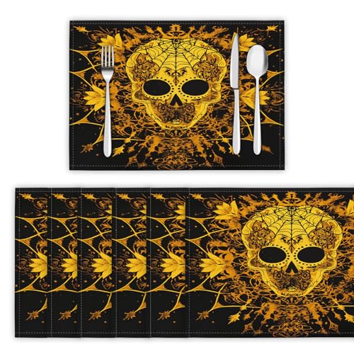 Platzsets Abwaschbar 6er Set Tischsets für Esstisch Spinnennetz-Skelett Küchen Platzset Mandala-Stil Dauerhaft PlatzdeckenTischzubehör - 30 x 45cm, Kurkuma von DLERFLOVR