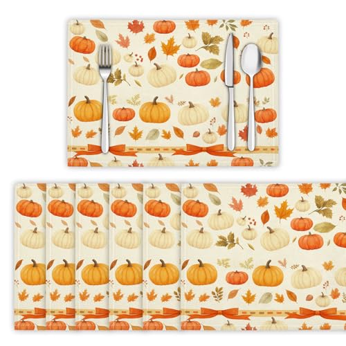 Platzsets Abwaschbar 8er Set Tischsets für Esstisch Kürbisse Und Herbstblätter Küchen Platzset Herbst Aquarellmalerei Dauerhaft PlatzdeckenTischzubehör - 30 x 45cm, Creme von DLERFLOVR