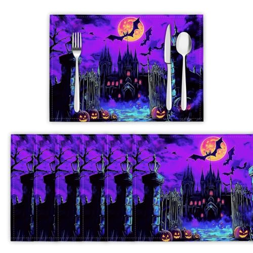 Platzsets Abwaschbar 8er Set Tischsets für Esstisch Spukhaus Küchen Platzset Dunkles Fantasy-Schloss Dauerhaft PlatzdeckenTischzubehör - 30 x 45cm, Dunkelviolett von DLERFLOVR