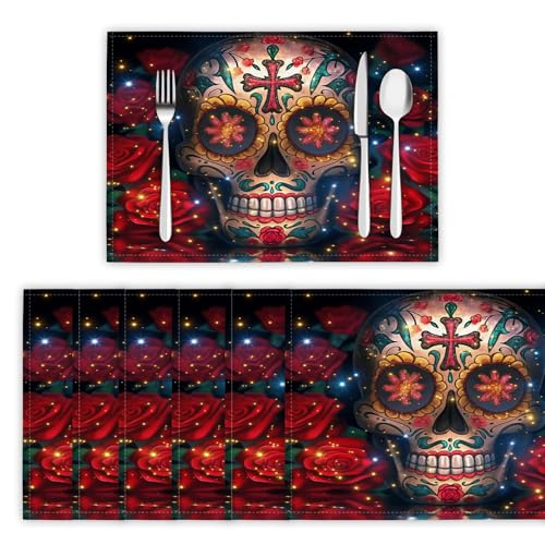 Platzsets Abwaschbar Gotische Rose Tischsets 6er Set Platzdeckchen Zuckerschädel Hitzebeständig Tischmatten rutschfest für Küche Restaurant Speisetisch, 45x30cm, Rot Platzsets Abwaschbar Gotische Rose Tischsets 6er Set Platzdeckchen Zuckerschädel Hitzebeständig Tischmatten rutschfest für Küche Restaurant Speisetisch, 45x30cm, Rot von DLERFLOVR