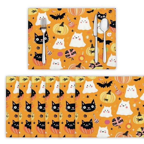 Platzsets Abwaschbar Halloween-Elemente Tischsets 6er Set Platzdeckchen Schwarzer Katzengeist Hitzebeständig Tischmatten rutschfest für Küche Restaurant Speisetisch, 45x30cm, Orange Platzsets Abwaschbar Halloween-Elemente Tischsets 6er Set Platzdeckchen Schwarzer Katzengeist Hitzebeständig Tischmatten rutschfest für Küche Restaurant Speisetisch, 45x30cm, Orange von DLERFLOVR