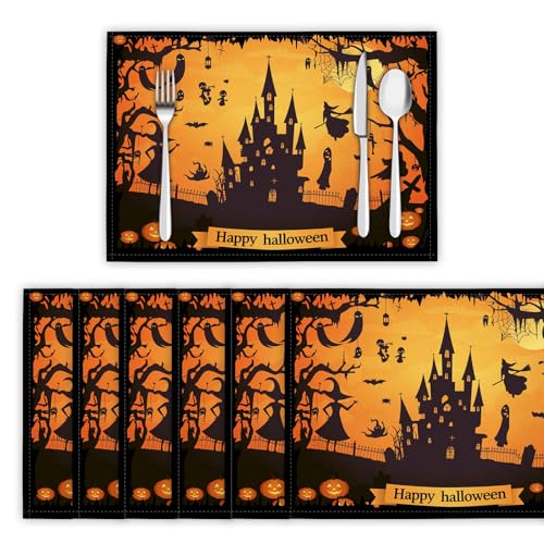 Platzsets Abwaschbar Halloween-Gebäude Tischsets 6er Set Platzdeckchen Hexen-Spukhaus Hitzebeständig Tischmatten rutschfest für Küche Restaurant Speisetisch, 45x30cm, Orange Platzsets Abwaschbar Halloween-Gebäude Tischsets 6er Set Platzdeckchen Hexen-Spukhaus Hitzebeständig Tischmatten rutschfest für Küche Restaurant Speisetisch, 45x30cm, Orange von DLERFLOVR