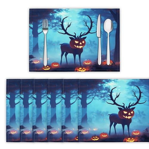 Platzsets Abwaschbar Halloween-Wald Tischsets 4er Set Platzdeckchen Kürbiskopf-Hirsch Hitzebeständig Tischmatten rutschfest für Küche Restaurant Speisetisch, 45x30cm, Blau Platzsets Abwaschbar Halloween-Wald Tischsets 4er Set Platzdeckchen Kürbiskopf-Hirsch Hitzebeständig Tischmatten rutschfest für Küche Restaurant Speisetisch, 45x30cm, Blau von DLERFLOVR