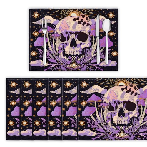 Platzsets Abwaschbar Volkskunstelemente Tischsets 4er Set Platzdeckchen Schädel Und Pilze Hitzebeständig Tischmatten rutschfest für Küche Restaurant Speisetisch, 45x30cm, Lila Platzsets Abwaschbar Volkskunstelemente Tischsets 4er Set Platzdeckchen Schädel Und Pilze Hitzebeständig Tischmatten rutschfest für Küche Restaurant Speisetisch, 45x30cm, Lila von DLERFLOVR