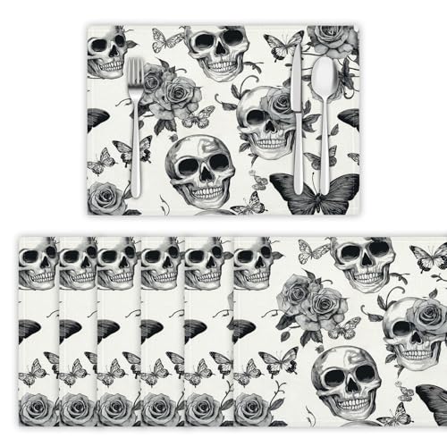 Platzsets Gotische Rose, 6er Set Platzsets 30 x 45cm Placemat mit Schmetterlingsschädel Tischsets aus Leinen für Esszimmer Küche, Tischdekoration, Grau von DLERFLOVR