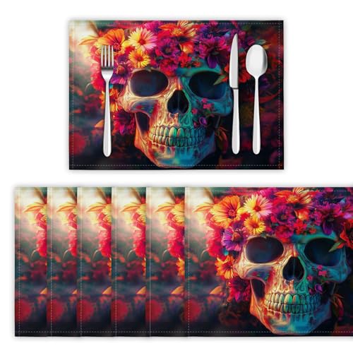 Surrealistischer Stil Tischsets Abwaschbar 4er Set, Platzdeckchen rutschfest Hitzebeständig Blumenschädel Platzsets für küche Speisetisch Hotel, Platz-Matten 30 x 45cm, Rot von DLERFLOVR