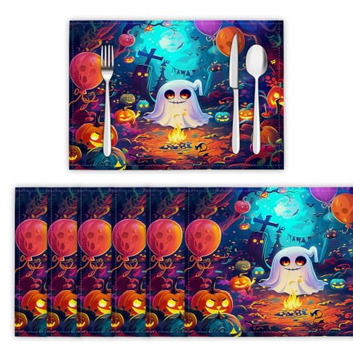 Tischsets Abwaschbar 2er Set, Platzsets Dunkler Wald Platzdeckchen Wärmedämmung Animierte Geister Wasserdicht Platzset rutschfest Tischmatte für Küche, Restaurant, Speisetisc - 30x45cm, Blaugrün von DLERFLOVR