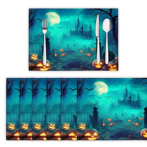 Tischsets Abwaschbar 2er Set, Platzsets Spukfriedhof Platzdeckchen Wärmedämmung Spukschloss Wasserdicht Platzset rutschfest Tischmatte für Küche, Restaurant, Speisetisc - 30x45cm, Blaugrün von DLERFLOVR