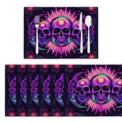 Tischsets Abwaschbar 2er Set, Platzsets Ultra-Futuristische Platzdeckchen Wärmedämmung Himmlischer Schädel Wasserdicht Platzset rutschfest Tischmatte für Küche, Restaurant, Speisetisc, Dunkelviolett von DLERFLOVR