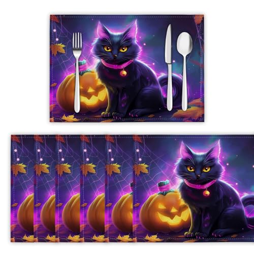 Tischsets Abwaschbar 4er Set, Platzsets Halloween Platzdeckchen Wärmedämmung Karikatur, Schwarze Katze Wasserdicht Platzset rutschfest Tischmatte für Küche, Restaurant, Speisetisc, Lila Tischsets Abwaschbar 4er Set, Platzsets Halloween Platzdeckchen Wärmedämmung Karikatur, Schwarze Katze Wasserdicht Platzset rutschfest Tischmatte für Küche, Restaurant, Speisetisc, Lila von DLERFLOVR