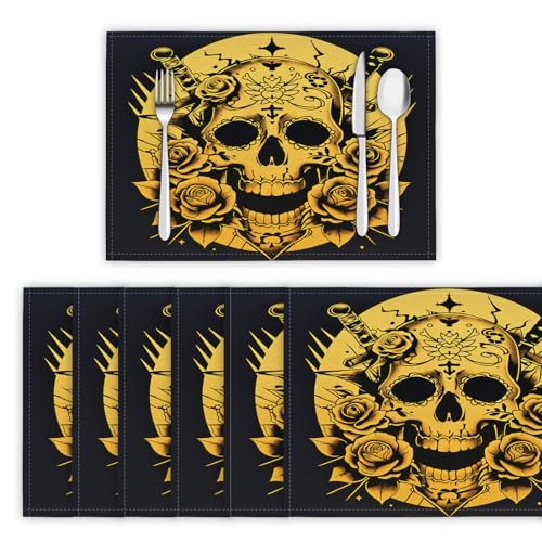 Tischsets Abwaschbar 4er Set, Platzsets Retro-Kunst Platzdeckchen Wärmedämmung Rosen-Zuckerschädel Wasserdicht Platzset rutschfest Tischmatte für Küche, Restaurant, Speisetisc - 30x45cm, Kurkuma Tischsets Abwaschbar 4er Set, Platzsets Retro-Kunst Platzdeckchen Wärmedämmung Rosen-Zuckerschädel Wasserdicht Platzset rutschfest Tischmatte für Küche, Restaurant, Speisetisc - 30x45cm, Kurkuma von DLERFLOVR