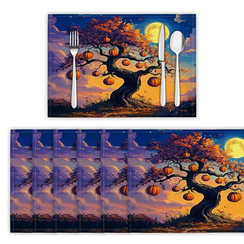 Tischsets Abwaschbar 6er Set, Platzsets Cartoon-Stil Platzdeckchen Wärmedämmung Kürbiszweig Wasserdicht Platzset rutschfest Tischmatte für Küche, Restaurant, Speisetisc - 30x45cm, Gelbbraun von DLERFLOVR