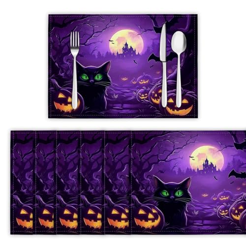 Tischsets Abwaschbar 8er Set, Platzsets Halloween Platzdeckchen Wärmedämmung Schwarzer Katzenkürbiswald Wasserdicht Platzset rutschfest Tischmatte für Küche, Restaurant, Speisetisc, Dunkelviolett Tischsets Abwaschbar 8er Set, Platzsets Halloween Platzdeckchen Wärmedämmung Schwarzer Katzenkürbiswald Wasserdicht Platzset rutschfest Tischmatte für Küche, Restaurant, Speisetisc, Dunkelviolett von DLERFLOVR