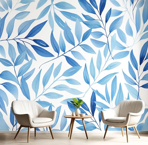 XXL Fototapete 450x315cm Eckfototapete Aquarell blaue Blätter Tapeten 3D Effekt Botanischer Illustrationsstil Wanddekoration Einfach zu Montieren für Wohnzimmer Schlafzimmer, Blau XXL Fototapete 450x315cm Eckfototapete Aquarell blaue Blätter Tapeten 3D Effekt Botanischer Illustrationsstil Wanddekoration Einfach zu Montieren für Wohnzimmer Schlafzimmer, Blau von DLERFLOVR