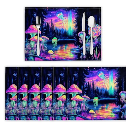 Zauberwald Tischsets Abwaschbar 4er Set, Platzdeckchen rutschfest Hitzebeständig Pilze Und Quallen Platzsets für küche Speisetisch Hotel, Platz-Matten 30 x 45cm, Neonfarben Zauberwald Tischsets Abwaschbar 4er Set, Platzdeckchen rutschfest Hitzebeständig Pilze Und Quallen Platzsets für küche Speisetisch Hotel, Platz-Matten 30 x 45cm, Neonfarben von DLERFLOVR
